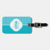 Modern Turquoise Houndstooth Monogram en naam Bagagelabel (Voorkant horizontaal)