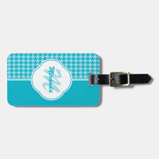 Modern Turquoise Houndstooth Monogram en naam Bagagelabel (Voorkant horizontaal)