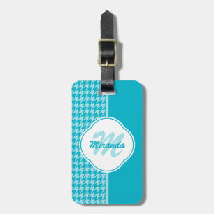 Modern Turquoise Houndstooth Monogram en naam Bagagelabel