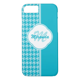 Modern Turquoise Houndstooth Monogram en naam Case-Mate iPhone Case