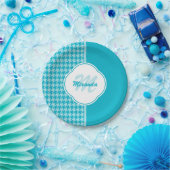 Modern Turquoise Houndstooth Monogram en naam Papieren Bordje (Feest)