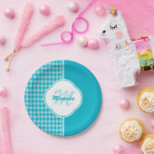 Modern Turquoise Houndstooth Monogram en naam Papieren Bordje (Feest)
