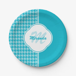 Modern Turquoise Houndstooth Monogram en naam Papieren Bordje
