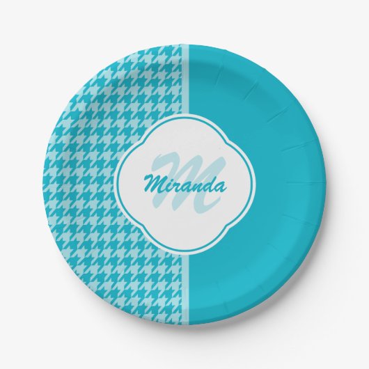 Modern Turquoise Houndstooth Monogram en naam Papieren Bordje (Voorkant)