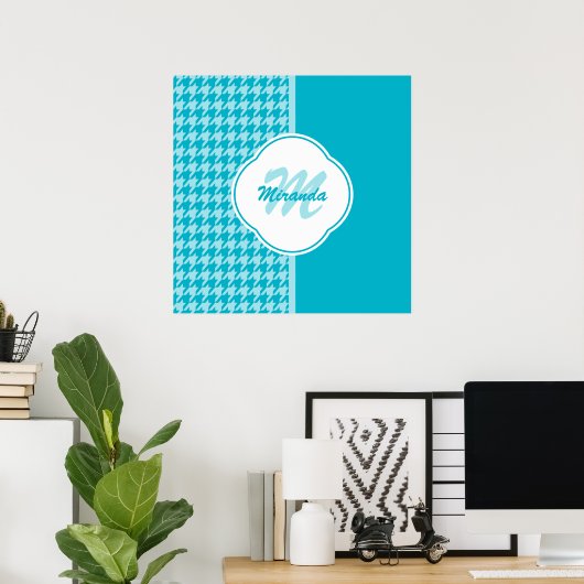 Modern Turquoise Houndstooth Monogram en naam Poster (Thuiskantoor)