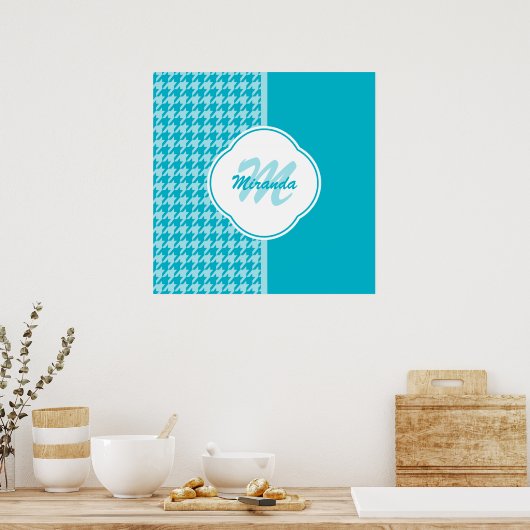 Modern Turquoise Houndstooth Monogram en naam Poster (Keuken)