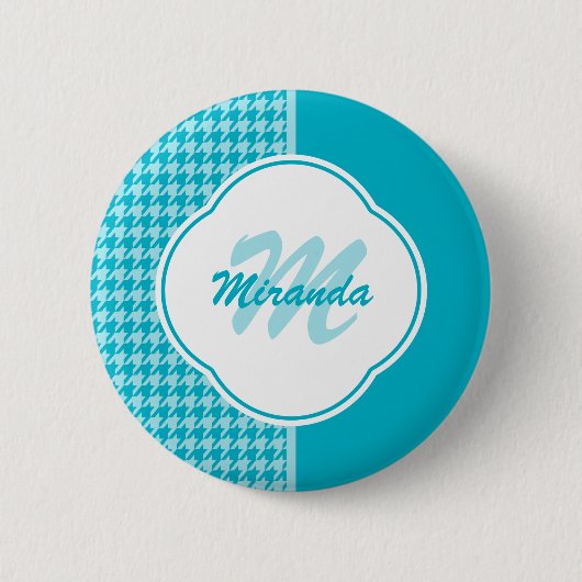 Modern Turquoise Houndstooth Monogram en naam Ronde Button 5,7 Cm (Voorkant)