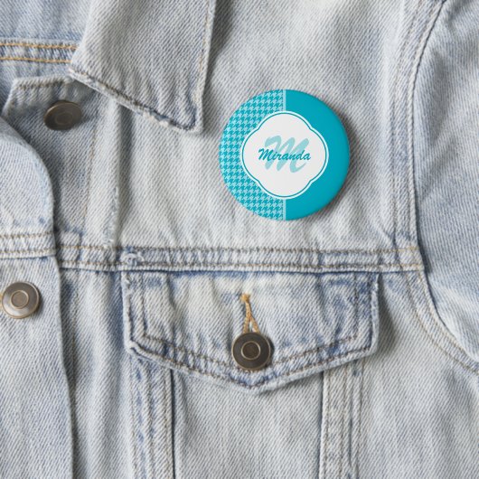 Modern Turquoise Houndstooth Monogram en naam Ronde Button 5,7 Cm (In situ)