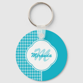 Modern Turquoise Houndstooth Monogram en naam Sleutelhanger