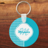 Modern Turquoise Houndstooth Monogram en naam Sleutelhanger (Voorkant)