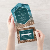 Modern Turquoise Marble Bronze Glitter Wedding All In One Uitnodiging (Afscheurbaar)