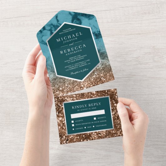 Modern Turquoise Marble Bronze Glitter Wedding All In One Uitnodiging (Afscheurbaar)