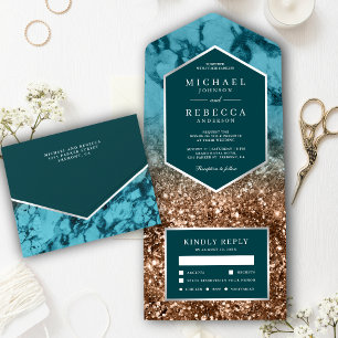 Modern Turquoise Marble Bronze Glitter Wedding All In One Uitnodiging