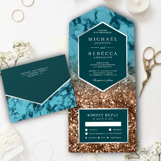 Modern Turquoise Marble Bronze Glitter Wedding All In One Uitnodiging