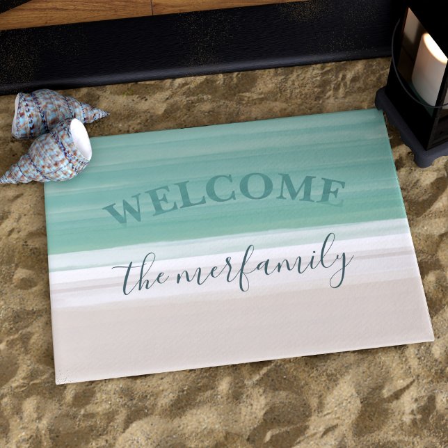 Modern Turquoise Ocean Beach Welcome Doormat Deurmat (An ocean beach themed doormat to welcome your guests at your Beach House. Just add your name)
