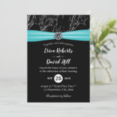 Modern Turquoise Ribbon Black Marble Wedding Kaart (Staand voorkant)