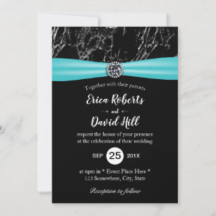 Modern Turquoise Ribbon Black Marble Wedding Kaart