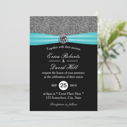 Modern Turquoise Ribbon Silver Glitter Wedding Kaart (Staand voorkant)