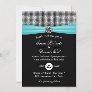 Modern Turquoise Ribbon Silver Glitter Wedding Kaart