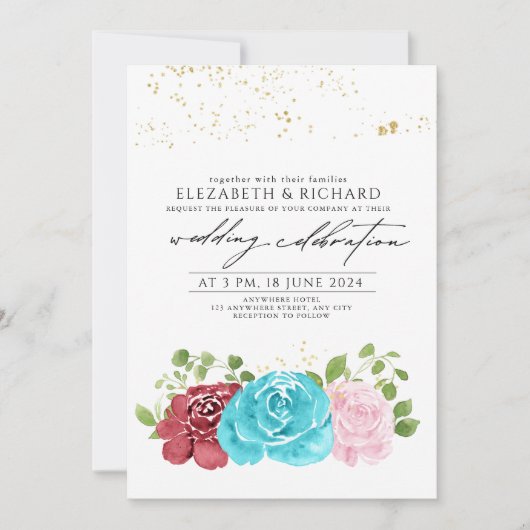 Modern Turquoise Rood Bloemen Groen Bruiloft Kaart (Voorkant)