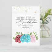 Modern Turquoise Rood Bloemen Groen Bruiloft Kaart (Staand voorkant)