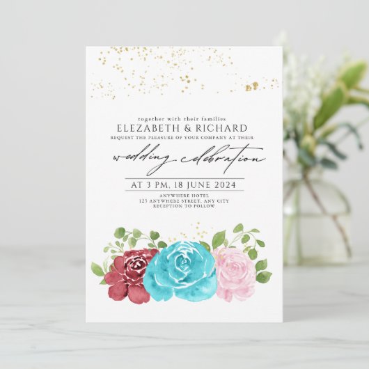 Modern Turquoise Rood Bloemen Groen Bruiloft Kaart (Staand voorkant)