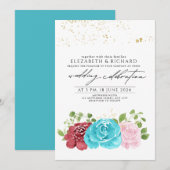 Modern Turquoise Rood Bloemen Groen Bruiloft Kaart (Voorkant / Achterkant)