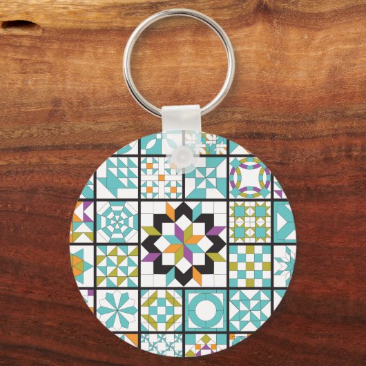 Modern Turquoise Sampler Quilt Pattern Sleutelhanger (Voorkant)