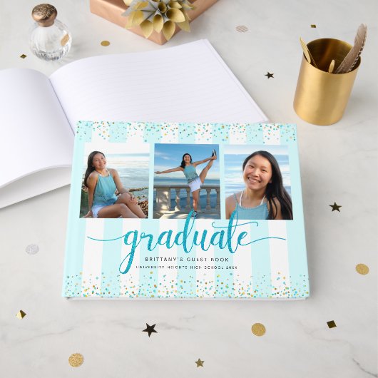 Modern turquoise script afstuderen foto collage gastenboek (Voorkant open)