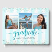 Modern turquoise script afstuderen foto collage gastenboek (Voorkant)
