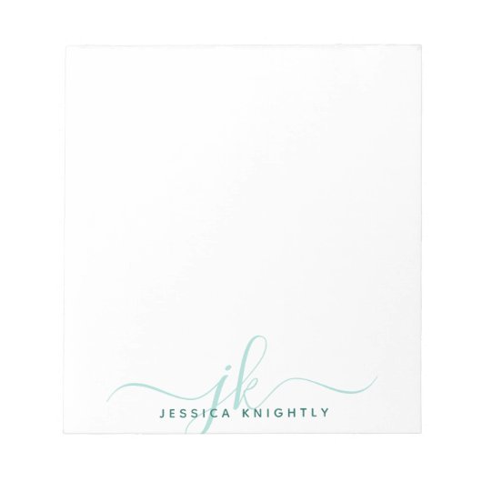 Modern Turquoise Script Monogram Initialen Notitieblok (Voorkant)