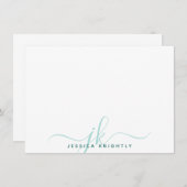 Modern Turquoise Script Monogram Initialen Notitiekaartje (Voorkant / Achterkant)