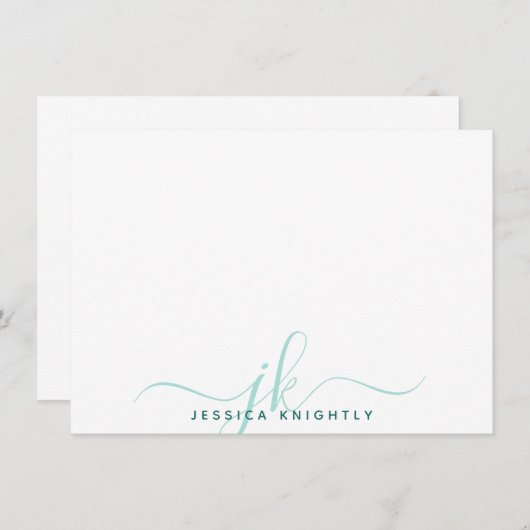 Modern Turquoise Script Monogram Initialen Notitiekaartje (Voorkant / Achterkant)