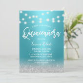 Modern Turquoise & Silver Glitter Quinceanera 15 Kaart (Staand voorkant)