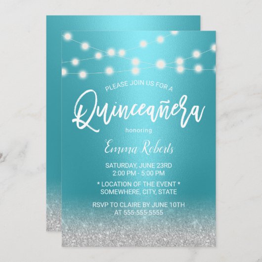 Modern Turquoise & Silver Glitter Quinceanera 15 Kaart (Voorkant / Achterkant)
