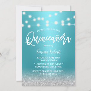 Modern Turquoise & Silver Glitter Quinceanera 15 Kaart