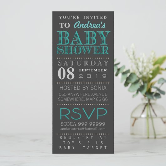 Modern Turquoise Typography Baby shower Long Kaart (Staand voorkant)