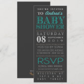 Modern Turquoise Typography Baby shower Long Kaart (Voorkant / Achterkant)