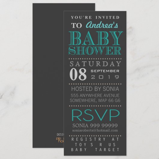 Modern Turquoise Typography Baby shower Long Kaart (Voorkant / Achterkant)