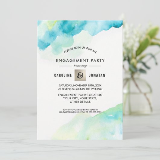 Modern Turquoise Waterverf Verlovingsfeest Kaart (Staand voorkant)