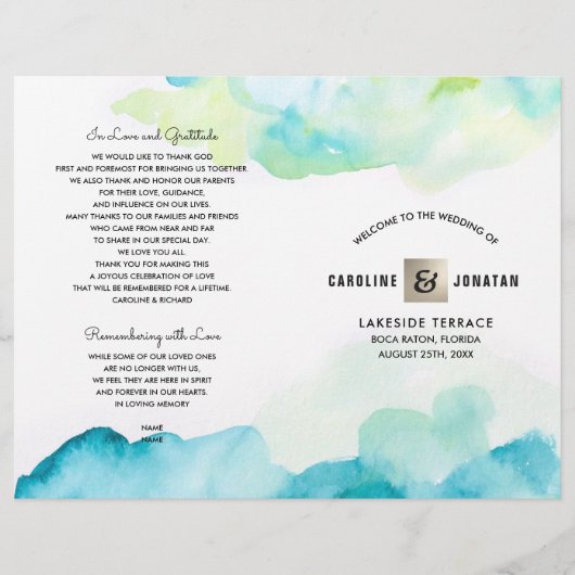 Modern Turquoise Waterverf Wedding Programs (Voorkant)