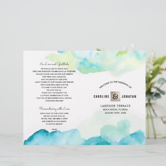Modern Turquoise Waterverf Wedding Programs (Staand voorkant)