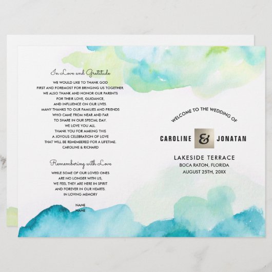Modern Turquoise Waterverf Wedding Programs (Voorkant / Achterkant)