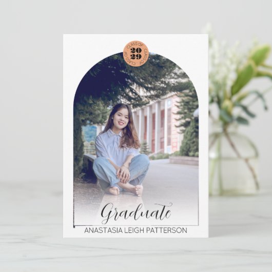 Modern Twee Fotoboog Script Terracotta Afstuderen Aankondiging (Staand voorkant)