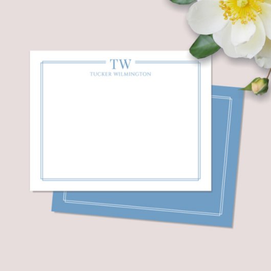 Modern Twee Initialen Lichtblauw Border Stationery Notitiekaartje