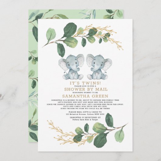 Modern Twin Elephant Greenery Baby shower per post Kaart (Voorkant / Achterkant)