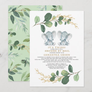 Modern Twin Elephant Greenery Baby shower per post Kaart