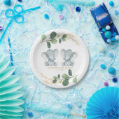 Modern Twin Elephant Greenery Gold Baby shower Papieren Bordje (Feest)