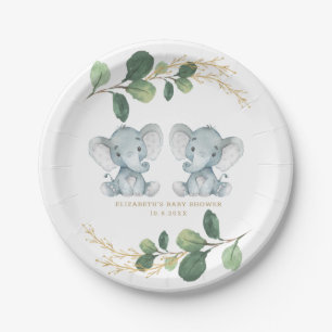 Modern Twin Elephant Greenery Gold Baby shower Papieren Bordje