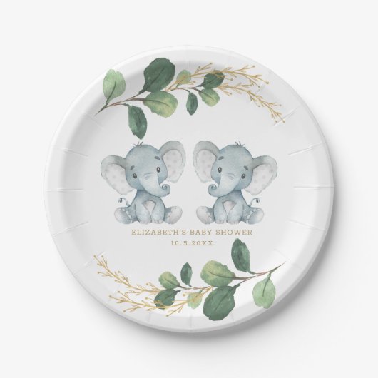 Modern Twin Elephant Greenery Gold Baby shower Papieren Bordje (Voorkant)